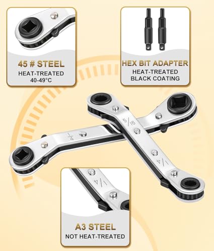 HVAC Service Wrench 2PCS, 3/16", 1/4", 5/16", 3/8" with Hex Bit Adapters
