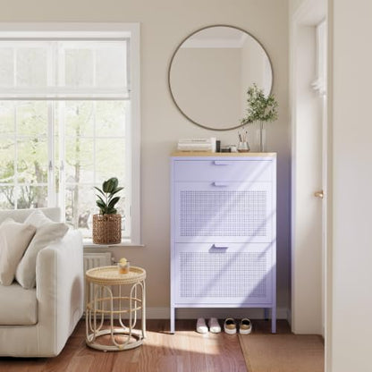 3-Tier Shoe Cabinet with Wood Top and Metal Frame, with Legs, Multi-Functional Metal and Wood Cabinet, Multi-Level Space, Easy Assembly for Home, Entryway, Hallway Purple - color: Lilac, style: Cabinet-40"H-YD