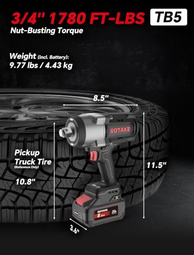 ROTAKE 20V 3/4" Pro Heavy-Duty Cordless Impact Wrench Kit, 1780 FT-LBS, TB5 - size: 3/4" (1780 ft-lbs) TB5