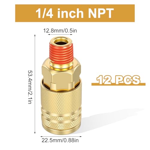 12 Pcs 1/4-Inch Brass Male Industrial Coupler, 1/4 Inch NPT Male Threads Size Industrial Air Hose Quick Connect Adapter Air Compressor Fittings, Compressor Hose Repair Accessories