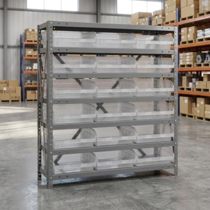 Quantum Storage Systems 1239-109CL Clear-View Sloped Shelving Unit with 4" Shelf Bins, 18 QSB109 Shelf Units, 12" D x 36" W x 39" H - size: 39" H x 36" W x 12" D, style: 12" L x 12" W x 4" H 18 Economy Clear Bins