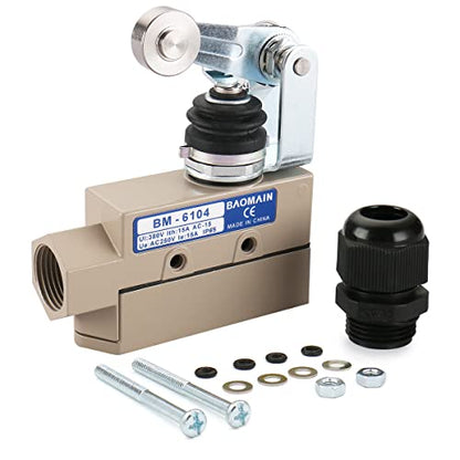 BAOMAIN Limit Switch BM-6104, Roller Lever Actuator, 15A 250VAC/380VAC Heavy Duty Sealed Micro Switch for Air Curtain and Industrial Doors, IP65 Waterproof, Replacement for TZ-6104