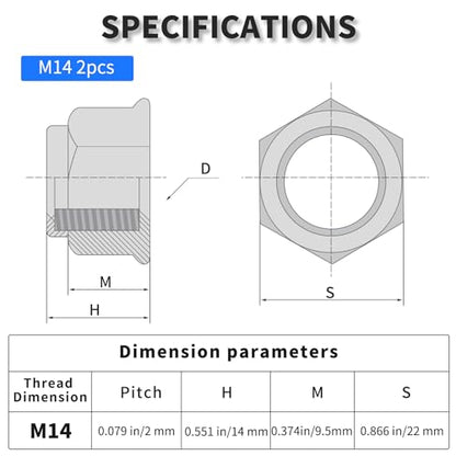 2pcs M14x2mm Nylon Inserted Hex Lock Nuts, 304 Stainless Steel - size: 2pcs 304 M14*2mm
