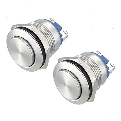 APIELE 19mm Momentary Push Button Switch High Round Cap Waterproof Stainless Steel Metal High Flush Screw Terminals 250V 5A 1NO SPST (Pack of 2) - style: Momentary High Round