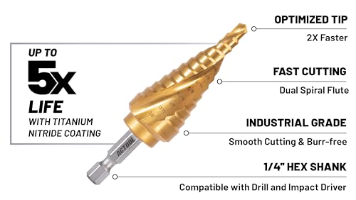 Industrial HSS Step Drill bit 3/16''-7/8'' with 1/4'' Hex Shank, Unibit Double Spiral Flute with TiN Coating for Metal, Stainless Steel, Aluminum, Plastic - size: 3/16''-7/8''