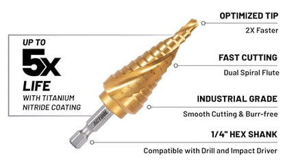 Industrial HSS Step Drill bit 3/16''-7/8'' with 1/4'' Hex Shank, Unibit Double Spiral Flute with TiN Coating for Metal, Stainless Steel, Aluminum, Plastic - size: 3/16''-7/8''