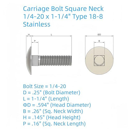 SANTIE Carriage Bolt Square Neck 1/4-20 x 1-1/4" - size: 1/4"-20 X 1-1/4" (25pc)