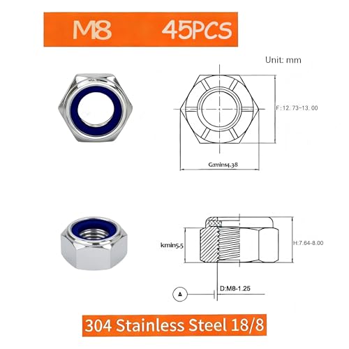 M8-1.25mm Locknuts, 45PCS 304 (A2-70) Stainless Steel Nylon Insert Lock Nuts,Standard Metric Thread Nylock Nuts - size: M8-1.25mm 45PCS