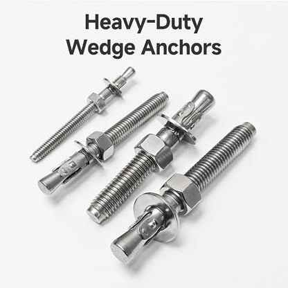 Mywish (50-Pack) 3/8" x 3-3/4" 304 Stainless Steel Wedge Anchors for Concrete and Cement, Plain Finish Heavy-Duty 3/8" Stainless Steel Masonry Anchors Bolts for Outdoor - size: 3/8 x 3-3/4"