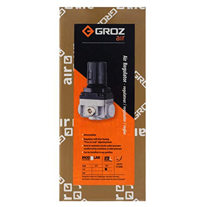 Groz Air Pressure Regulator, Intermediate 1/4" NPT, 56 CFM / 1600 LPM, 7-145 PSI Adjustable, 220 PSI Max, ISO 6953-1, Aluminum Die-Cast Press-to-Lock Knob for Pneumatic Tools and Compressors (60052)