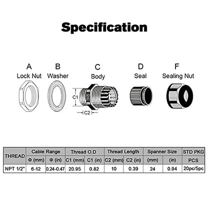LeMotech 20 Pack NPT 1/2" Cable Glands Waterproof Adjustable 6-12mm Cable Connectors Black Nylon Joints with Gaskets - color: Black, size: 1/2inch 20-pack