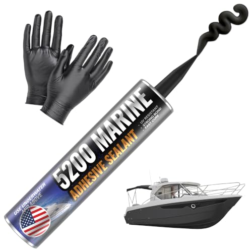 [Black] 5200 Marine Sealant - Fast Cure, High Bond Strength, UV Resistant Underwater 5200 Fast Cure, Marine Adhesive Sealant for Boats, Hulls, Decks, & RVs Caulk Black with Gloves, Nozzle 10oz
