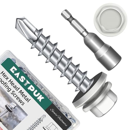 100-pack #10 x 1 Hex Head Self-Drilling Metal Roofing Screws with EPDM Washer, White Coated Wood Screws, Self Tapping Sheet Metal Roof Screws (Diamond Point) - color: White, size: #10 x 1"