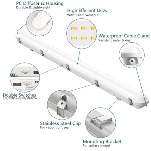Zaltris 4FT Vapor Tight LED Lights, 60/50/40W, 3000K/4000K/5000K Adjustable