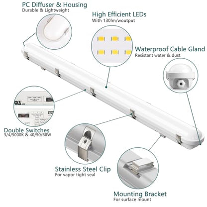 Zaltris 4FT Vapor Tight LED Lights, 60/50/40W, 3000K/4000K/5000K Adjustable
