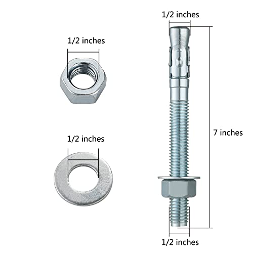 Wensilon 1/2"x7" Wedge Anchors for Concrete, Zinc-Plated, 10 PCS - size: 1/2x7"