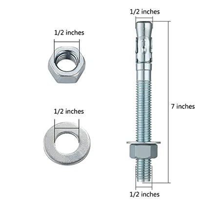 Wensilon 1/2"x7" Wedge Anchors for Concrete, Zinc-Plated, 10 PCS - size: 1/2x7"