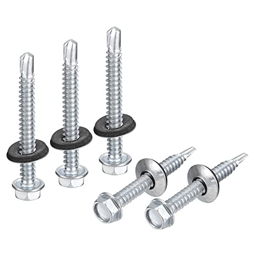 uxcell #14 x 2 Self Drilling Screws with Rubber Washer, 100pcs Zinc Plated Steel Roofing Screws Hex Head Self Tapping Screws with EPDM Washer for Metal to Metal - size: #14 x 2"