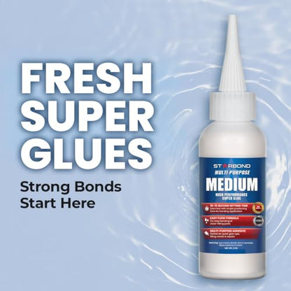 Starbond Medium Super Glue Pro Kit (2 oz) – Strong, Fast, All-Purpose CA Glue (Cyanoacrylate Adhesive) – with Anti-Clog Cap, Precision Tips & Extra Nozzles for Woodworking, Quick Fixes & Hobby Models - size: 2 ounce