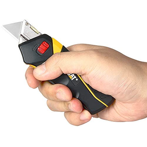 Cat Safety Utility Knife Box Cutter Self-Retracting, Squeeze Handle to Extend, Release to Retract, Lock Open w/Switch, Ergo Handle w/ 3 Safety-Tip Blades That Store Inside - 240071