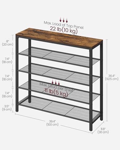VASAGLE 5-Tier Shoe Rack, 16-20 Pairs, Metal Mesh - color: Rustic Brown, size: 5 Tiers (11.8"D x 39.4"W)