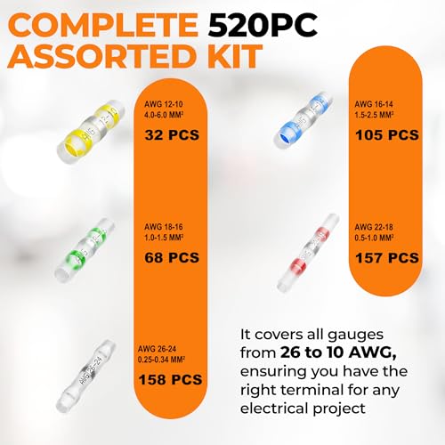 520PCS Solder Seal Wire Connectors - Waterproof Heat Shrink Butt Connectors - Insulated Electrical Marine Grade Wire Terminals - Automotive, Boat, Truck, Stereo Splice Kit (26-10 AWG, 5 Sizes/Colors)