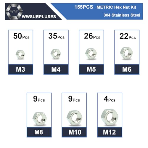 155Pcs Metric Hex Nuts Kit, 304 Stainless Steel Hex Nut Kit - size: Metric Kit---155Pcs