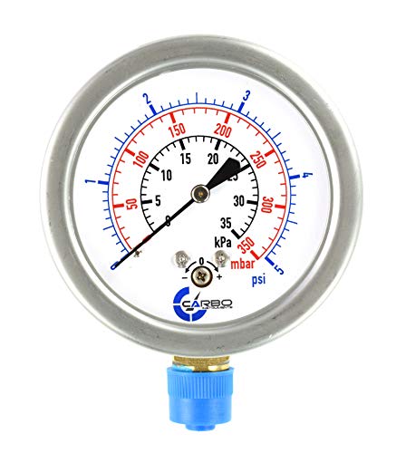 Diaphragm Low Pressure Capsule Gauge, 2-1/2" Dial, 5 PSI Range, 1/4" NPT Lower Mount, Stainless Steel Case, Brass Internals, Adjustable, Scales 5 PSI / 35 kPa / 350 mBar - size: 5 PSI
