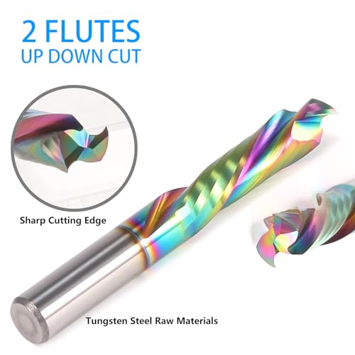 Up Down Compression Spiral Router Bit - 1/4 inch Shank 2-Flute CNC End Mill with DLC Coating, 1" Cutting Length Solid Carbide Compression CNC Bits Milling Cutter for Wood Engraving Grooving (5PCS)