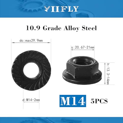 M14x2mm Metric Serrated Hex Flange Nuts, Grade 10.9 Alloy Steel, Heat Treated, Black Oxide Finish, 5PCS - color: Black, size: Black M14x 2mm