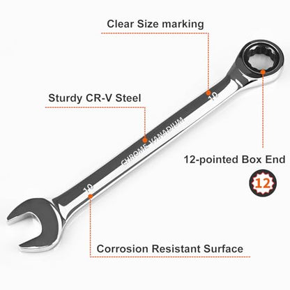Egofine 8mm Wrench and 10mm Ratchet wrench, Metric Ratcheting Wrench Set, Industrial Grade Gear Spanner with 12 Point Box End, 72-Teeth Ratchet, Chrome Vanadium Steel - size: 8+10mm