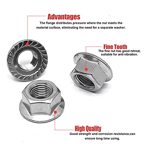 M12-1.25mm Thread Pitch 304 Stainless Steel Flange Nut Hex Lock Nuts,Fine Tooth(10pcs) - size: M12-1.25mm
