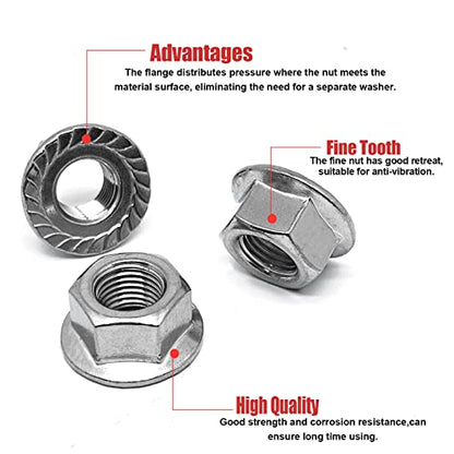 M12-1.25mm Thread Pitch 304 Stainless Steel Flange Nut Hex Lock Nuts,Fine Tooth(10pcs) - size: M12-1.25mm