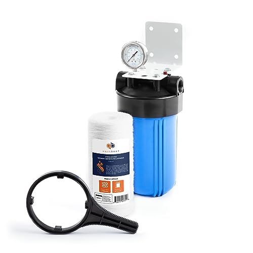 Aquaboon Whole House Water Filter System for Well Water with 5 Micron 10x4.5 Purification String Wound Cartrige | NSF Certified, Pressure Gauges & Releas, Wrench, Bracket 1" NPT - color: 10 Inch, size: Heavy Sediment Protection