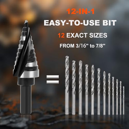 M2 Step Drill Bit for Metal,12 Steps from 3/16" to 7/8" Spiral Flutes - size: M2 3/16"-7/8"