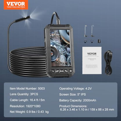 VEVOR Endoscope Camera with Light, Triple Lens Industrial Borescope, 5" Screen 1080P Inspection Camera, 8 + 2 Lights, IP67 Waterproof Snake Cameras for Automotive, Plumbing (16.4FT Cable, 32GB Card) - size: 16.4FT