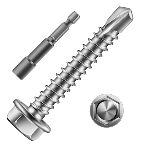 #8 x 1-1/4" Self Drilling Screws (157Pcs) Hex Washer Head 410 Stainless Steel Self Tapping Screws for Metal Sheet Metal Screws with Hex Socket Included - color: Silver, size: #8 x 1-1/4"