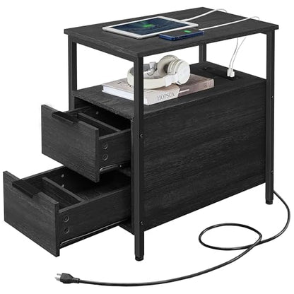VASAGLE Side End Table with Charging Station, Slim Nightstand with Storage - color: Charcoal Gray + Ink Black, size: 23.6"D x 13.8"W