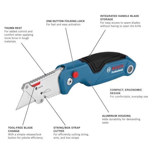 BOSCH H11-11100-1 Folding Utility Knife | Compact, Portable, and Durable with Integrated Blade Storage, Thumb Rest, and Includes Belt Clip, Strap Cutter, 3 Blades (Pack of 2) - size: 682 in (Pack of 2), style: Industrial