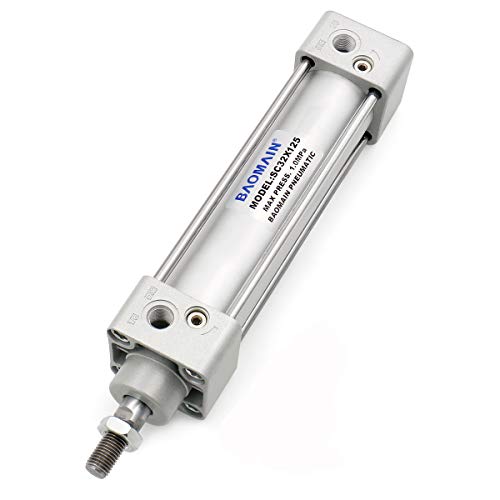 Baomain Pneumatic Air Cylinder SC 32x125, Double Acting Air Cylinder, 1-1/4" Bore 4.92" Stroke, PT 1/8 Port, M10x1.25 Rod, Aluminum Alloy, with Mounting Brackets & Push-in Fittings