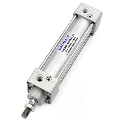 Baomain Pneumatic Air Cylinder SC 32x125, Double Acting Air Cylinder, 1-1/4" Bore 4.92" Stroke, PT 1/8 Port, M10x1.25 Rod, Aluminum Alloy, with Mounting Brackets & Push-in Fittings