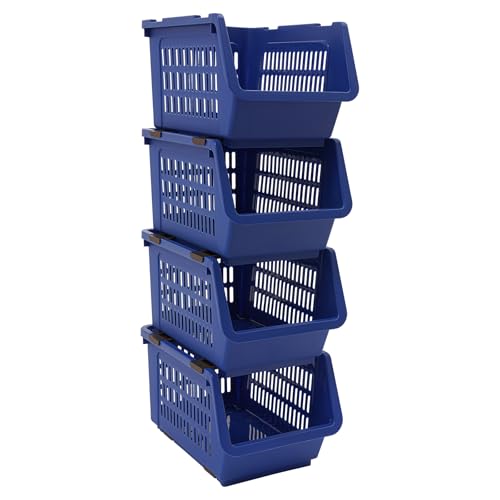4 Pcs Open Front Stackable Storage Bins, PP Stacking Organizer Baskets with Rolling Wheels, Telescopic Buckles, Nestable, 38.58lbs Load (Blue) - color: Blue