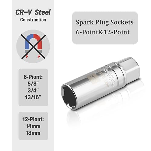 AEROFORCE 14PCS 3/8" Drive Spark Plug Socket Set – Includes 2 Magnetic Sockets (14mm, 16mm) & 5 Rubber-Grip Sockets + Torque Wrench (5-45 Lb.ft), Swivel Joint & Extension Bar – CR-V Steel - size: 14PCS