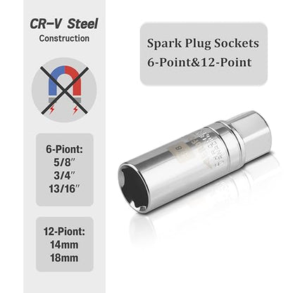 AEROFORCE 14PCS 3/8" Drive Spark Plug Socket Set – Includes 2 Magnetic Sockets (14mm, 16mm) & 5 Rubber-Grip Sockets + Torque Wrench (5-45 Lb.ft), Swivel Joint & Extension Bar – CR-V Steel - size: 14PCS
