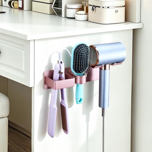 Hair Dryer Holder Wall Mount Curling Iron Holder Flat Iron Holder, Blow Dryer Holder Wall, 3 in 1 Bathroom Hair Tool Organizer Rack for Universal Hairdryer Straightener Curlings (Rose Gold) - color: Rose Gold