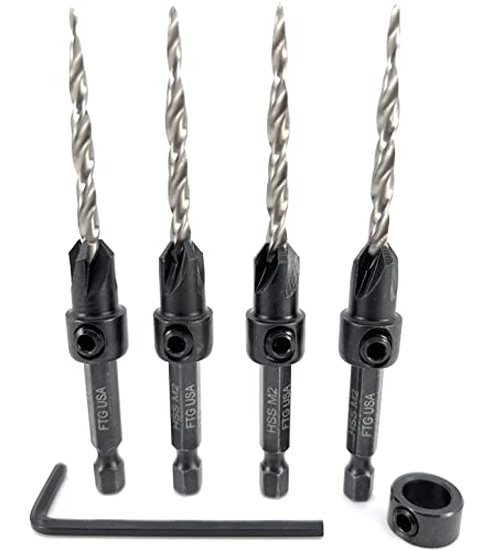 FTG USA #8(11/64") Wood Countersink Drill Bit 4-Pc Set with 3/8" Depth Stop - size: #8, style: 4 Pc with Depth Stop