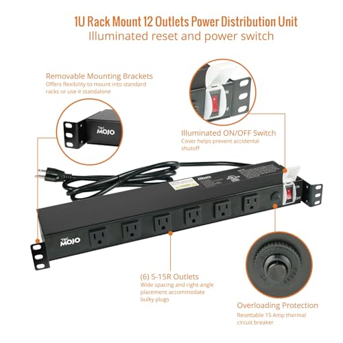 Tecmojo 1U Rackmount Network-Grade PDU, 12 Wide-Spaced Right Angle Outlets, Circuit Breaker 12A (UL Certified 12A) 6ft Cord w/ 5-15P Plug, Black(SKU# 13111201) - size: 12 Outlets/12A/Overloading Protection