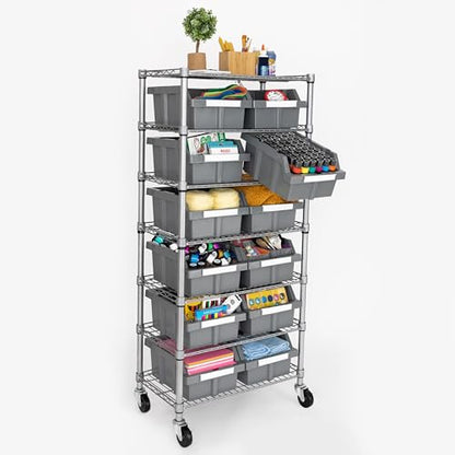 7-Tier NSF 12-Bin Steel Wire Shelving Rack, 25"W x 14"D x 56"H, Gray - color: Gray, size: Includes 12 Bins
