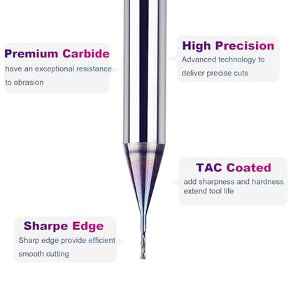 SpeTool 1/32 Down Cut CNC Router Bits 1/4 Inch Shank with TAC Long Life Coated , Solid Carbide Spiral End Mill Plunge Cut for Wood Engraving Carving - size: 1/32" Dia - 1/8" CL -1/4" Shank, style: DOWN CUT