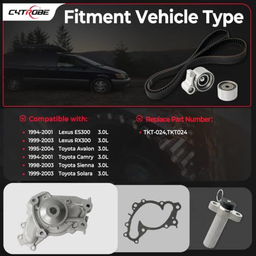 CYTROBE Engine Timing Belt Kit with Water Pump Compatible with 1994-2001 Camry 1998-2003 Sienna 1999-2003 Solara 1995-2004 Toyota Avalon 1994-2001 Lexus ES300 1999-2003 RX300 3.0L Replace TKT-024